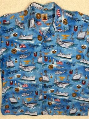 Navy-Themed Light Blue Casual Button-Down Shirt Hawaiian Shirt XL